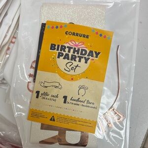 Birthday Party Set with Glitter Sash and Headband Tiara - Gold